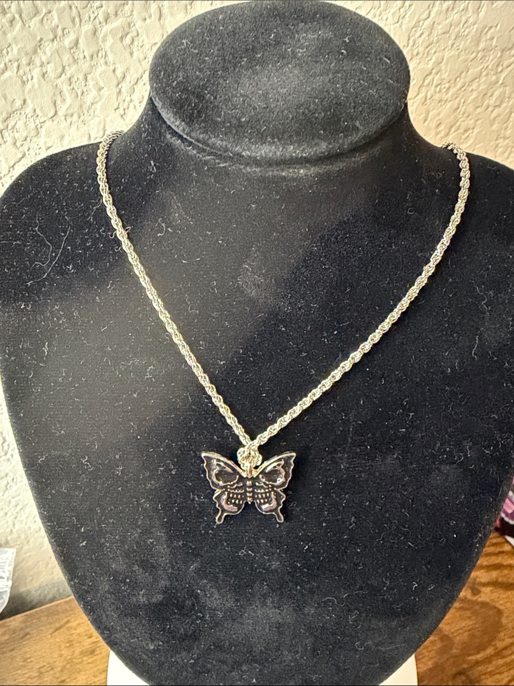 Skull Butterfly Pendant Necklace - Silver Tone